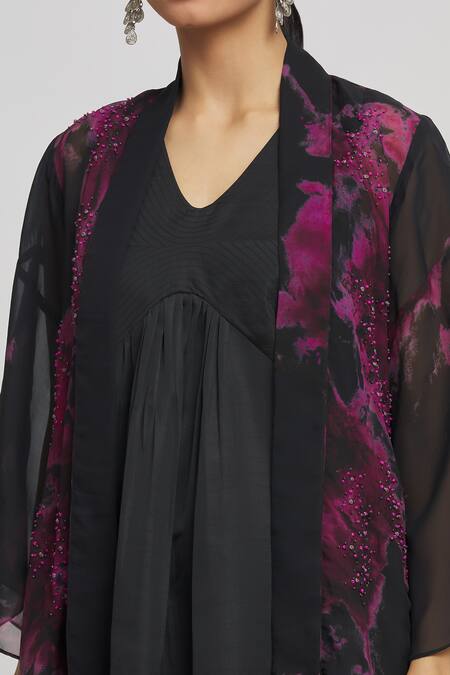 Whimsical By Shica_Black Organza Beads, Embroidery V-, Open Dress With Tie Dye Jacket _at_Aza_Fashions