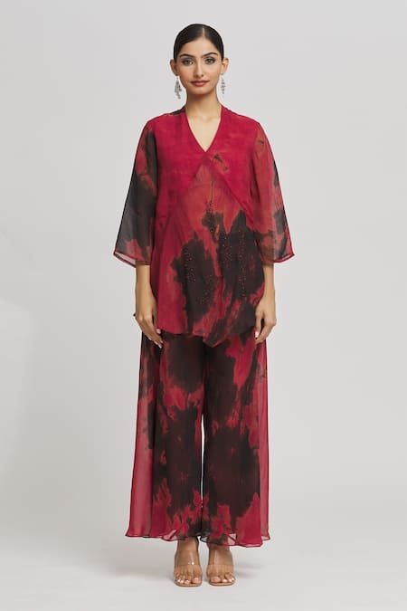 Buy Whimsical By Shica Pink Organza Beads, Embroidery V-neck Tie Dye Top And Pant Set Online at Aza Fashions Buy_Whimsical By Shica_Pink Organza Beads, Embroidery V-neck Tie Dye Top And Pant Set _Online_at_Aza_Fashions