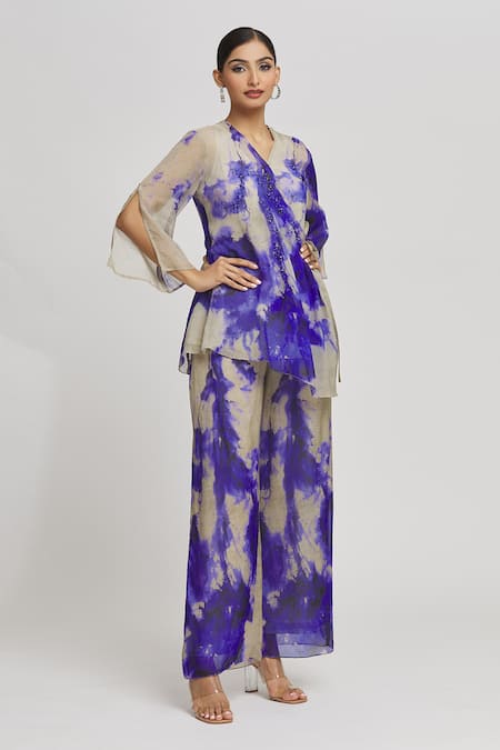 Shop Whimsical By Shica Grey Organza Crystals V-neck Brush Stroke Pattern Top With Pant Online at Aza Fashions Shop_Whimsical By Shica_Grey Organza Crystals V-neck Brush Stroke Pattern Top With Pant _Online_at_Aza_Fashions