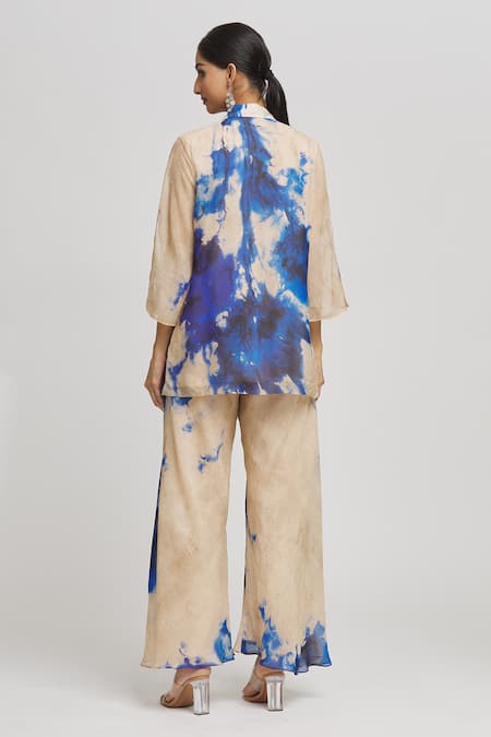 Shop Whimsical By Shica Grey Organza Beads, Embroidery Collared Tie Dye Shirt And Pant Set at Aza Fashions Shop_Whimsical By Shica_Grey Organza Beads, Embroidery Collared Tie Dye Shirt And Pant Set _at_Aza_Fashions