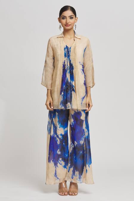 Whimsical By Shica Grey Organza Beads, Embroidery Collared Tie Dye Shirt And Pant Set Online at Aza Fashions Whimsical By Shica_Grey Organza Beads, Embroidery Collared Tie Dye Shirt And Pant Set _Online_at_Aza_Fashions