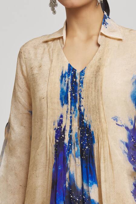 Shop Whimsical By Shica Grey Organza Beads, Embroidery Collared Tie Dye Shirt And Pant Set Online at Aza Fashions Shop_Whimsical By Shica_Grey Organza Beads, Embroidery Collared Tie Dye Shirt And Pant Set _Online_at_Aza_Fashions