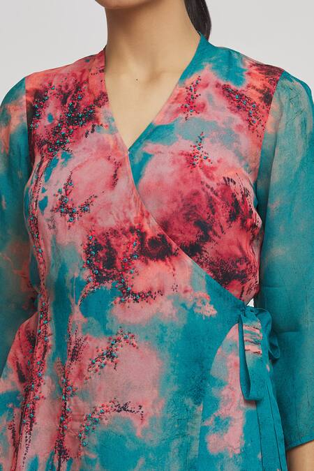 Whimsical By Shica Blue Organza Embroidery, Crystals Brush Stroke Pattern Two Tone Top With Pant at Aza Fashions Whimsical By Shica_Blue Organza Embroidery, Crystals Brush Stroke Pattern Two Tone Top With Pant _at_Aza_Fashions