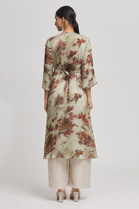 Shop Whimsical By Shica Beige Organza, Satin V-neck Floral Print Kaftan at Aza Fashions Shop_Whimsical By Shica_Beige Organza, Satin V-neck Floral Print Kaftan _at_Aza_Fashions