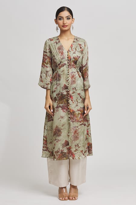 Whimsical By Shica Beige Organza, Satin V-neck Floral Print Kaftan Online at Aza Fashions Whimsical By Shica_Beige Organza, Satin V-neck Floral Print Kaftan _Online_at_Aza_Fashions