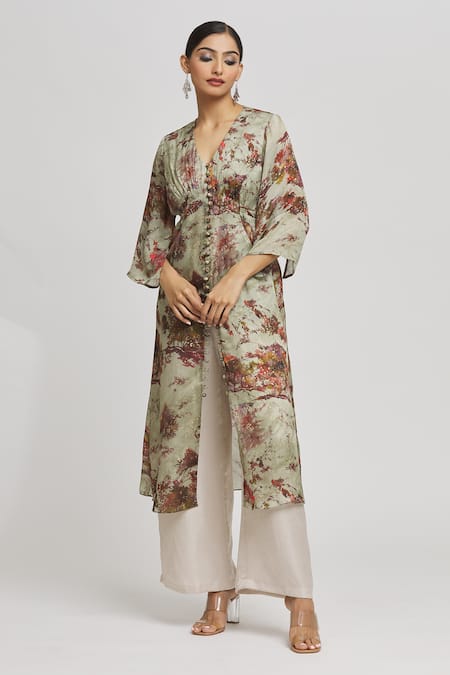 Buy Whimsical By Shica Beige Organza, Satin V-neck Floral Print Kaftan Online at Aza Fashions Buy_Whimsical By Shica_Beige Organza, Satin V-neck Floral Print Kaftan _Online_at_Aza_Fashions