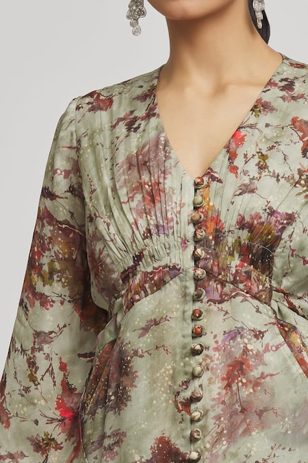 Shop Whimsical By Shica Beige Organza, Satin V-neck Floral Print Kaftan Online at Aza Fashions Shop_Whimsical By Shica_Beige Organza, Satin V-neck Floral Print Kaftan _Online_at_Aza_Fashions