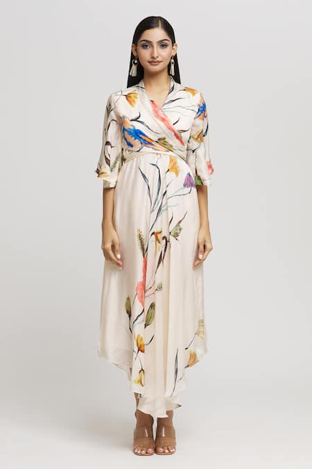 Whimsical By Shica_White Organza, Satin V-neck Flower Print Dress _Online_at_Aza_Fashions