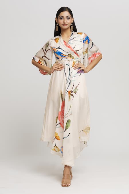 Shop_Whimsical By Shica_White Organza, Satin V-neck Flower Print Dress _Online_at_Aza_Fashions