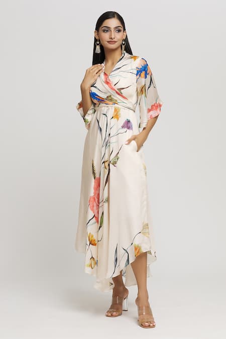 Whimsical By Shica_White Organza, Satin V-neck Flower Print Dress _at_Aza_Fashions