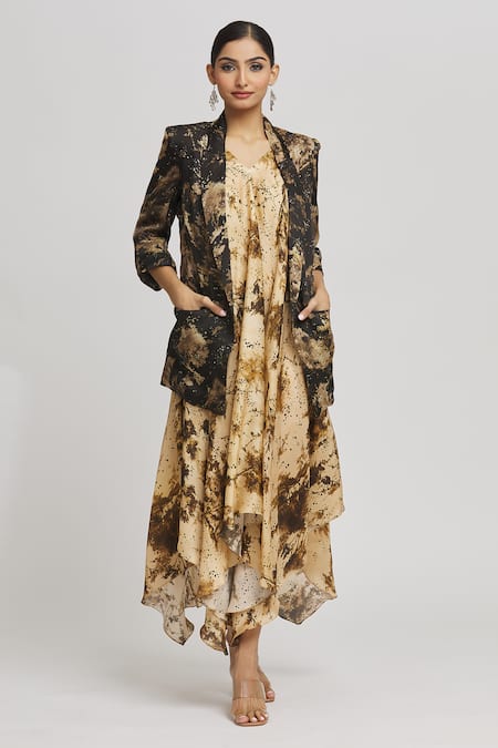 Whimsical By Shica Beige Organza Satin Printed Abstract Dress V Neck With Jacket 