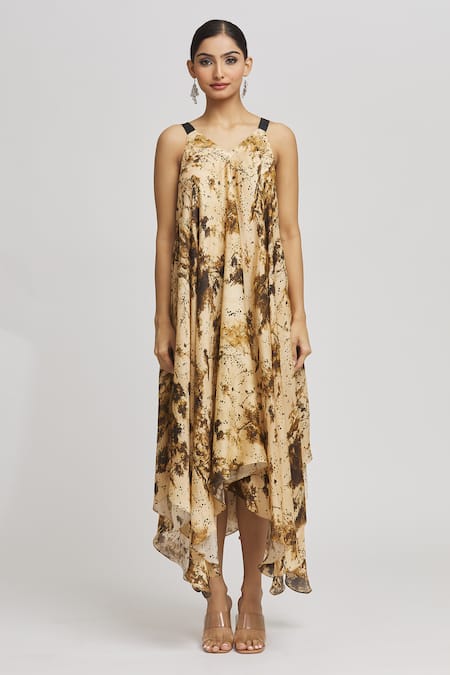 Whimsical By Shica_Beige Organza, Satin V-, Open Abstract Print Dress With Jacket _Online_at_Aza_Fashions