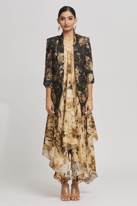Buy_Whimsical By Shica_Beige Organza, Satin V-, Open Abstract Print Dress With Jacket _Online_at_Aza_Fashions