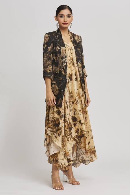 Shop_Whimsical By Shica_Beige Organza, Satin V-, Open Abstract Print Dress With Jacket _Online_at_Aza_Fashions