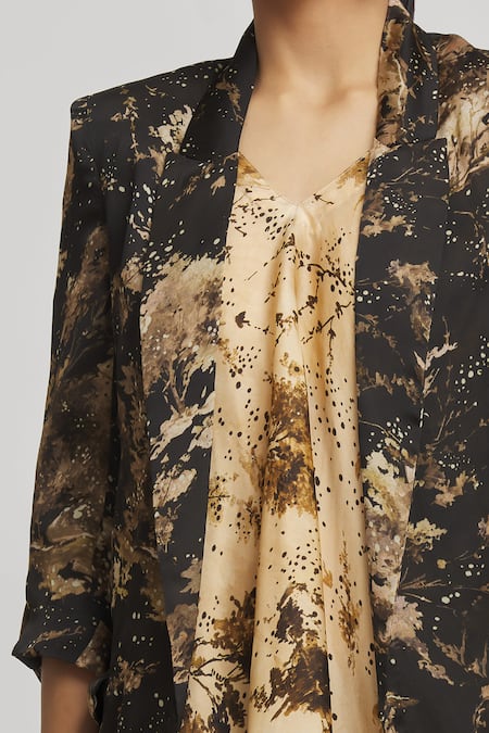 Whimsical By Shica_Beige Organza, Satin V-, Open Abstract Print Dress With Jacket _at_Aza_Fashions