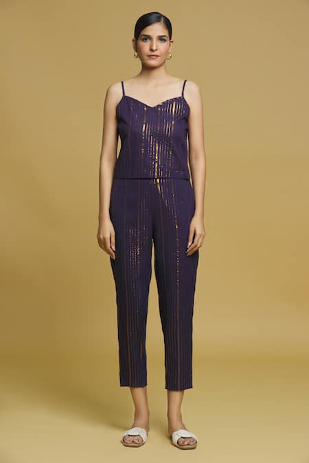 Naintara Bajaj_Blue Lurex Embroidery, Sequins Woven Balance Striped Blazer Jacket Pant Set _at_Aza_Fashions