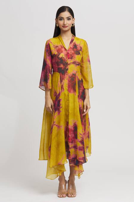 Whimsical By Shica_Yellow Organza Beads, Embroidery Shawl Neck Abstract Print Dress _Online_at_Aza_Fashions