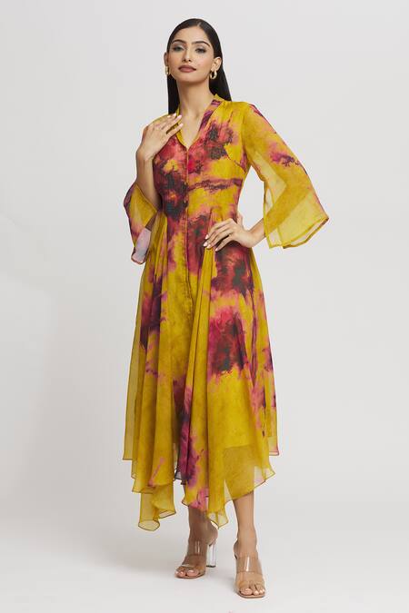 Shop_Whimsical By Shica_Yellow Organza Beads, Embroidery Shawl Neck Abstract Print Dress _Online_at_Aza_Fashions