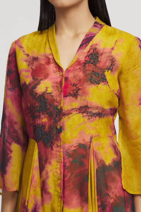 Whimsical By Shica_Yellow Organza Beads, Embroidery Shawl Neck Abstract Print Dress _at_Aza_Fashions