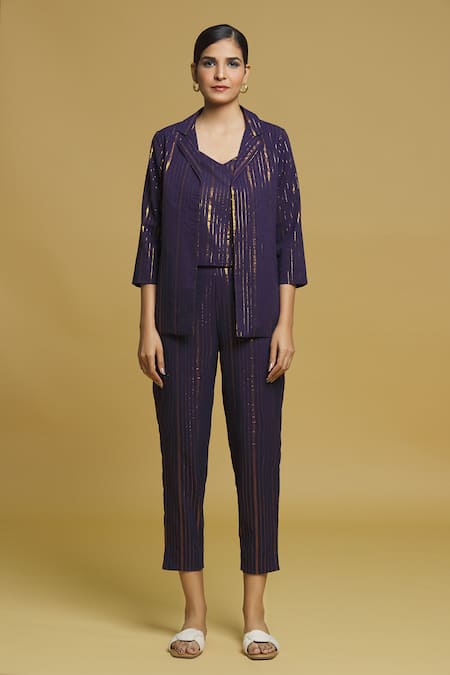 Buy_Naintara Bajaj_Blue Lurex Embroidery, Sequins Woven Balance Striped Blazer Jacket Pant Set 