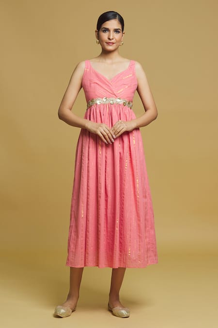 Naintara Bajaj Pink Stripe Sweetheart Neck Embellished Waist Midi Dress