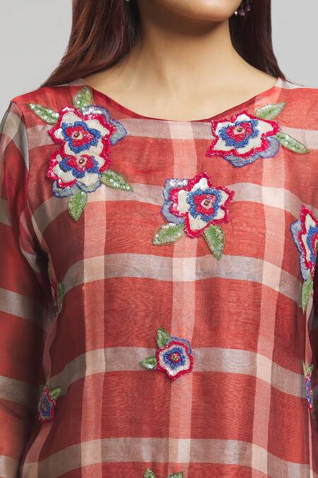 Bhusattva Red Organic Silk Embroidered Sequin Round Blossom Kurta at Aza Fashions Bhusattva_Red Organic Silk Embroidered Sequin Round Blossom Kurta _at_Aza_Fashions