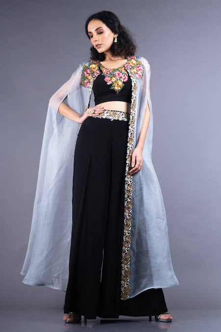 Nupur Kanoi Black Organza Round Cape And Pant Set  