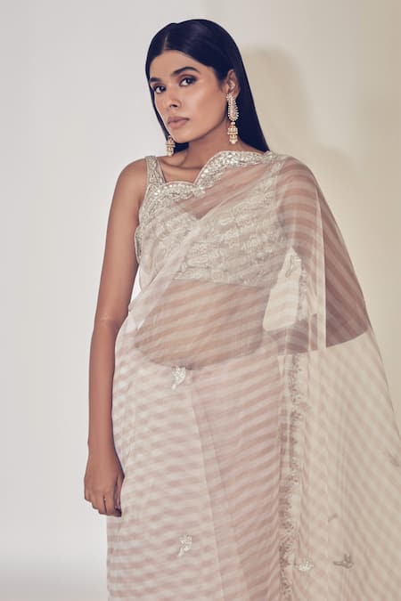 Shop Premya By Manishii Beige Organza V Neck Saree With Blouse at Aza Fashions Shop_Premya By Manishii_Beige Organza V Neck Saree With Blouse _at_Aza_Fashions