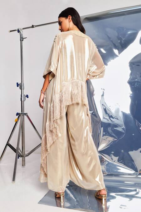 Shop_Style Junkiie_Gold Georgette, Lurex Fringe Open Neck High Low Jacket _at_Aza_Fashions