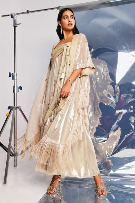Style Junkiie_Gold Georgette, Lurex Fringe Open Neck High Low Jacket _Online_at_Aza_Fashions