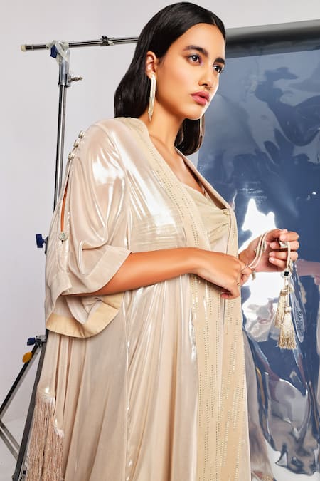 Buy_Style Junkiie_Gold Georgette, Lurex Fringe Open Neck High Low Jacket _Online_at_Aza_Fashions