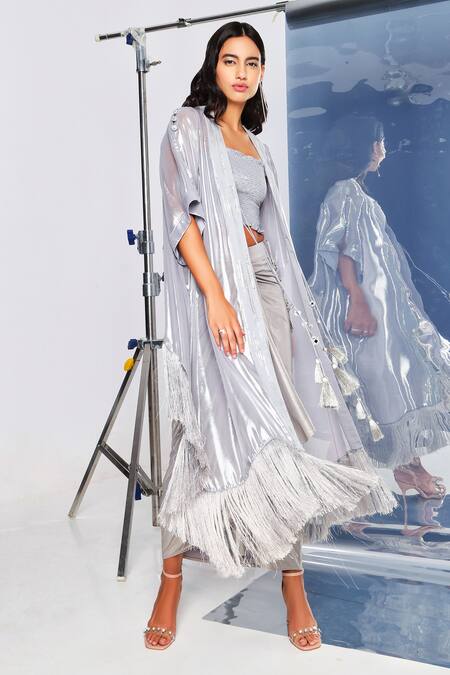 Style Junkiie_Silver Georgette Fringe, Mirrors Open Neck High Low Jacket _Online_at_Aza_Fashions