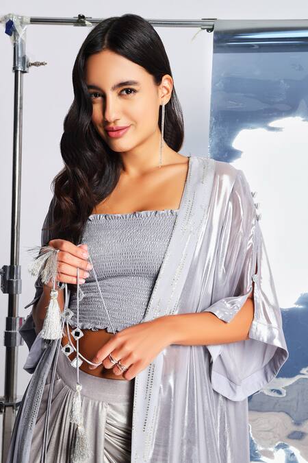 Buy_Style Junkiie_Silver Georgette Fringe, Mirrors Open Neck High Low Jacket _Online_at_Aza_Fashions