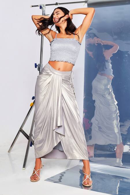 Style Junkiie_Silver Lycra Metallic Draped Skirt _Online_at_Aza_Fashions