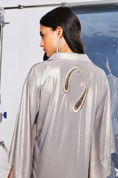 Shop_Style Junkiie_Silver Lycra Tassels, Crystals Collared Embroidered Kaftan _Online_at_Aza_Fashions