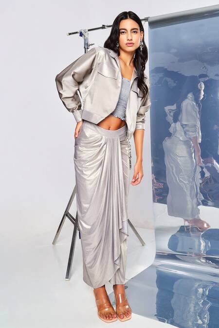 Shop_Style Junkiie_Silver Satin, Lycra Collared Metallic Bomber Jacket _Online_at_Aza_Fashions