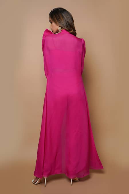 Shop_Ahi Clothing_Pink Viscose Organza Lining- Heavy Shantoon Open Front Cape And Palazzo Set _at_Aza_Fashions