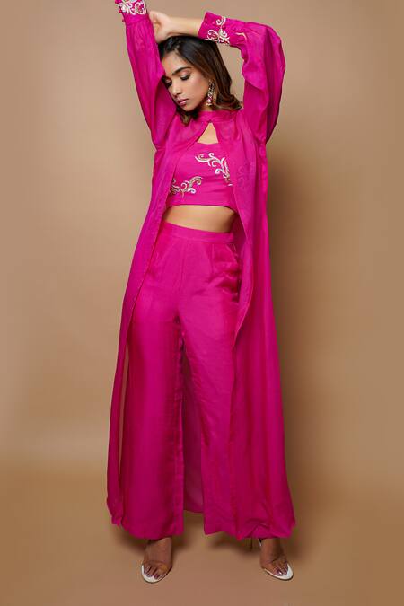 Ahi Clothing_Pink Viscose Organza Lining- Heavy Shantoon Open Front Cape And Palazzo Set _at_Aza_Fashions