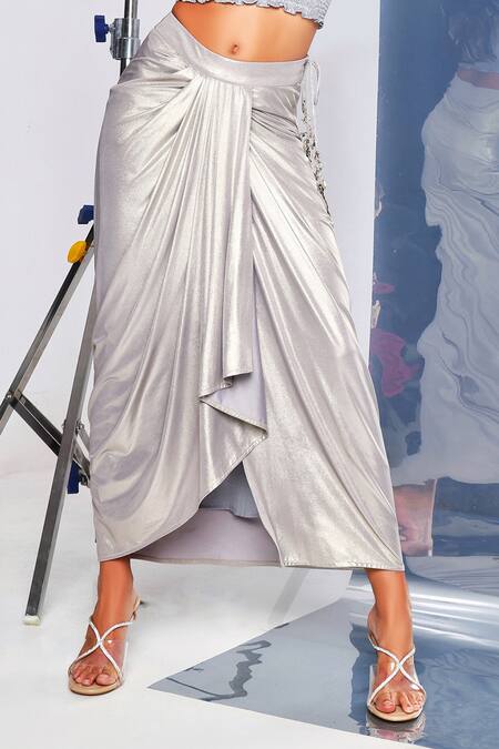 Buy_Style Junkiie_Silver Lycra Metallic Draped Skirt _Online_at_Aza_Fashions