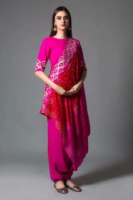 Pink City by Sarika Pink Kurta And Pant Silk Linen Matka Dupatta Georgette Embroidered Dhoti Set 