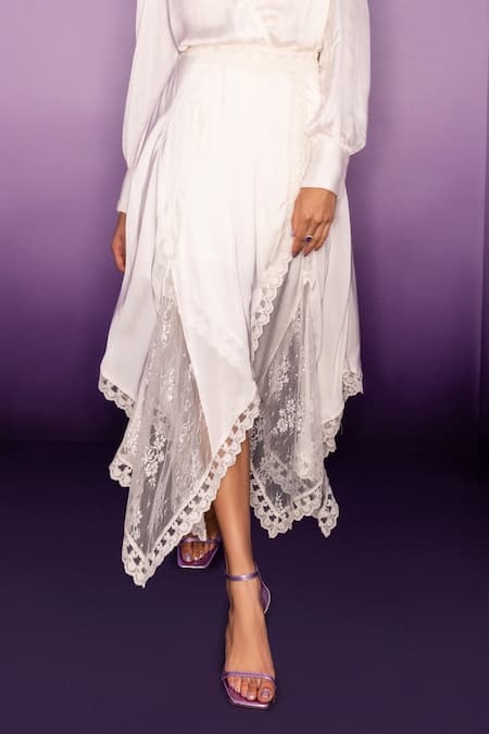 House Of Eda_Ivory Viscose Lace Plunge Neck Imara Handkerchief Hem Top And Skirt Set_Online_at_Aza_Fashions