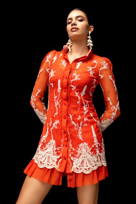 House Of Eda_Orange Nylon, Polyester Embroidery Collared Lia Layered Dress _Online_at_Aza_Fashions