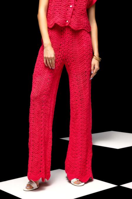 House Of Eda_Pink Cotton Collared Riley Hand Knitted Crochet Shirt And Pant Set_Online_at_Aza_Fashions