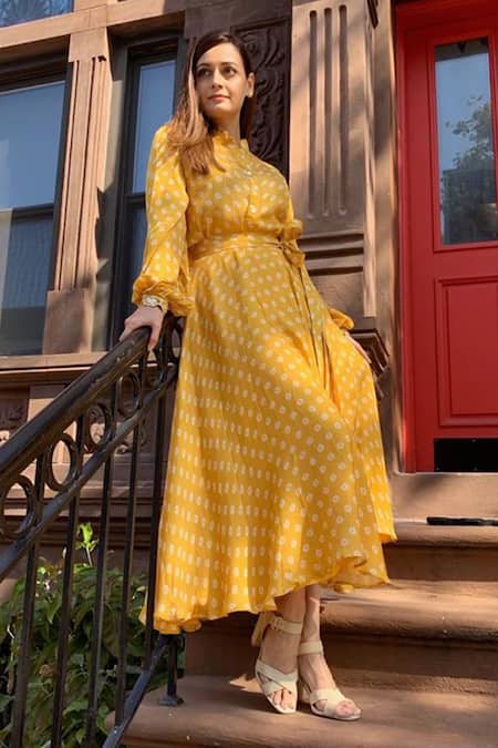 Shop Punit Balana Yellow Satin Silk Mandarin Collar Printed Skirt Set at Aza Fashions Shop_Punit Balana_Yellow Satin Silk Mandarin Collar Printed Skirt Set _at_Aza_Fashions