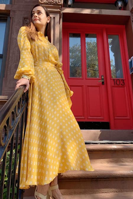 Buy Punit Balana Yellow Satin Silk Mandarin Collar Printed Skirt Set Online at Aza Fashions Buy_Punit Balana_Yellow Satin Silk Mandarin Collar Printed Skirt Set _Online_at_Aza_Fashions