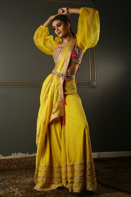 Aditi Gupta Yellow Sharara Georgette Dupatta Set Crushed  