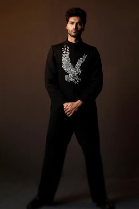 Shop Sanjana Reddy Designs Black Poly Italian Embroidery Cutdana Eagle Placement Bandhgala Set at Aza Fashions Shop_Sanjana Reddy Designs_Black Poly Italian Embroidery Cutdana Eagle Placement Bandhgala Set _at_Aza_Fashions