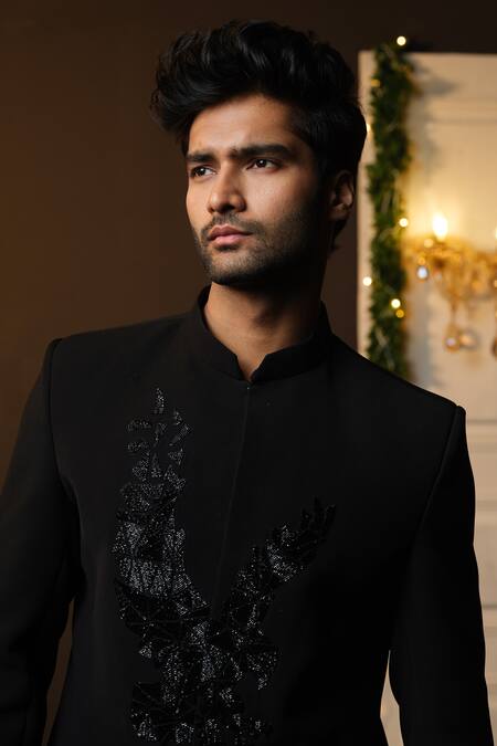 Sanjana Reddy Designs_Black Poly Italian Embroidery Cutdana Placement Bandhgala Set  _Online_at_Aza_Fashions