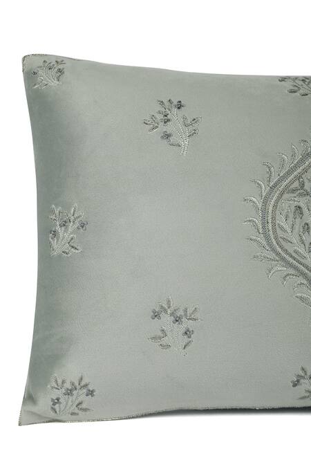 Khaabka_Blue Velvet Leaf Falak Embroidered Cushion Covers - 2 Pcs_Online_at_Aza_Fashions