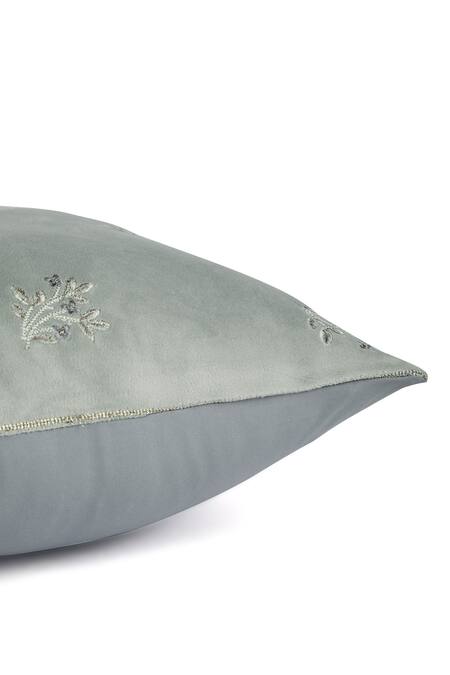 Shop_Khaabka_Blue Velvet Leaf Falak Embroidered Cushion Covers - 2 Pcs_Online_at_Aza_Fashions